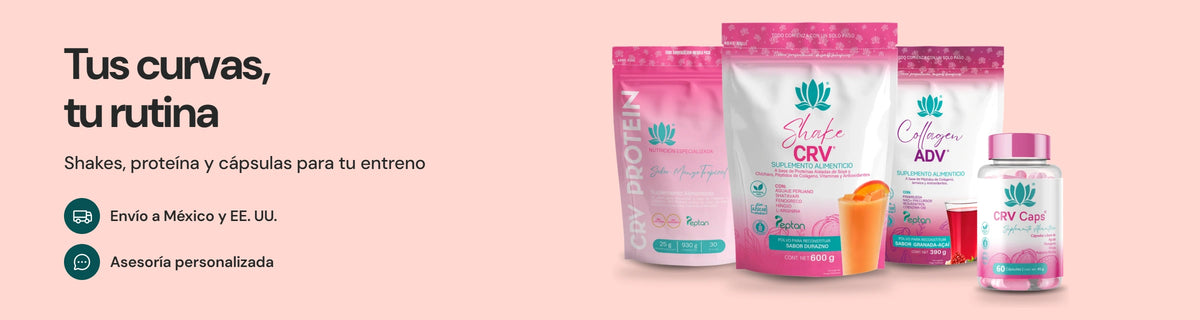 Productos de moldeo de curvas: CRV Protein, Shake CRV, Collagen ADV y CRV Caps