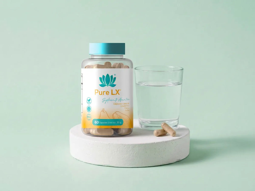 Frasco de Pure LX junto a un vaso de agua