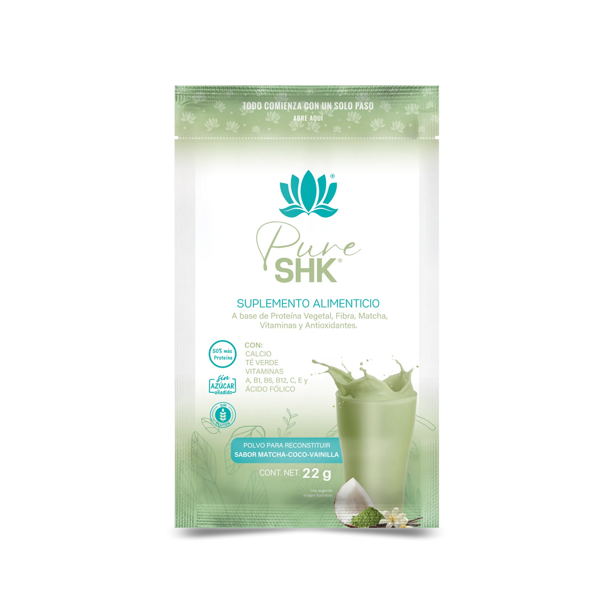 Muestra Pure SHK sabor matcha coco vainilla
